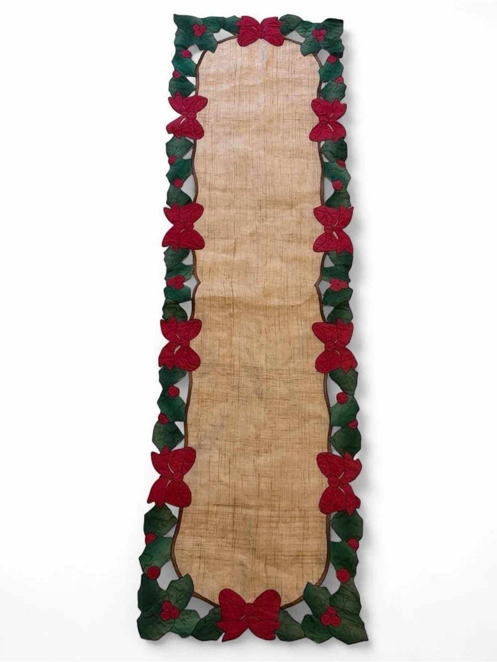 Floral Appliqué Holiday Cloth Table Runner Green & Red